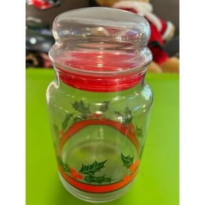 Vintage Libby Christmas Holly Berry Apothecary Jar with Red Seal Bubble Lid